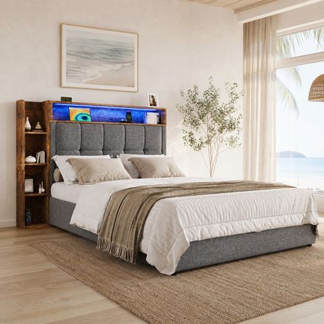 DESMIU Lit coffre 90 × 200 cm 1 place avec USB, Type-C, LED, rangement hydraulique, sans matelas, gris (1/5)