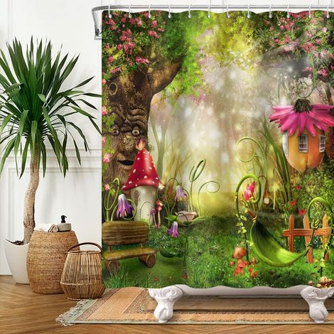 Rideau de Douche de Contes de Fées Printanier Champignon, Arbre Parlant Enchanté pour Salle de Bain, Plante de Pelouse Verte avec Soleil et Fleurs 175x178cm (1/5)