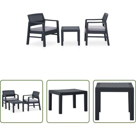 vidaXL Table de jardin - Salon de jardin 3 pcs avec coussins Plastique Gris (1/5)