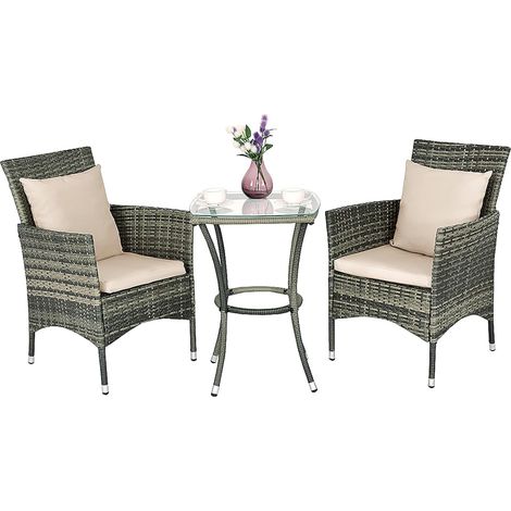 COSTWAY 3 TLG. Polyrattan Gartenmöbel, Rattanmöbel, Rattan Sitzgruppe, Gartenset, Sitzgarnitur, Balkon-Set, Terrasse Set Gartengarnitur mit Glastisch und Kissen (1/5)