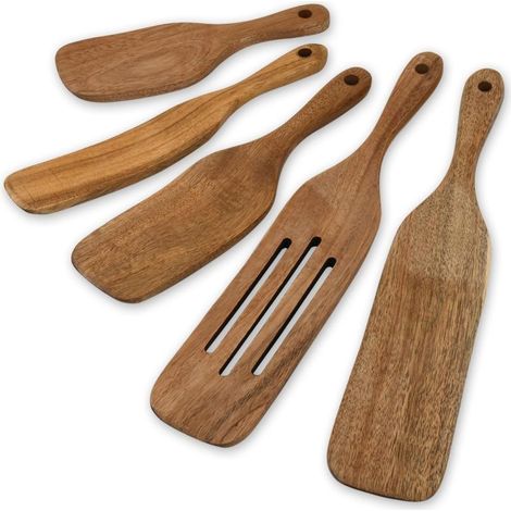 Juego de 5 espátulas de teca marrón para pinturas antiadherentes.