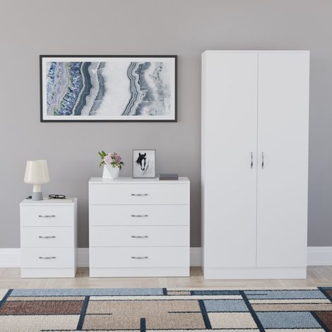 Riano 3 Piece Bedroom Set (3 Drawer Bedside Chest, 4 Drawer Chest, 2 Door Wardrobe) White (1/5)