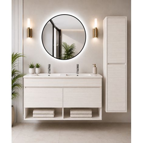 Badmöbel hängend mit Waschbecken extra flach ORIGENBATH NEBARI mit Türen ohne Spiegel 120x45 cm Doppelwaschbecken nordisch weiß mit Säule