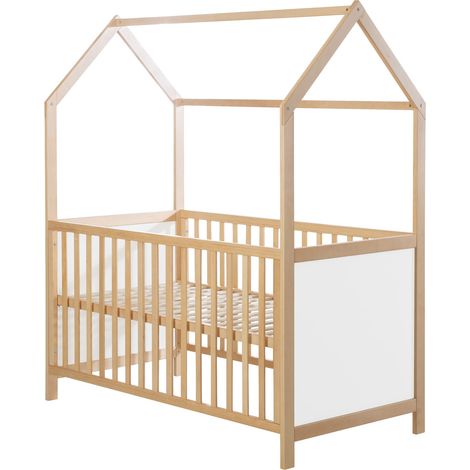 Lit Bébé Cabane Évolutif 70x140 - Convertible en Canapé - Réglable en Hauteur - Naturel et Blanc (1/5)