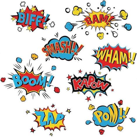 Stickers muraux de bandes dessinées de super-héros avec les mots « Biff Kapow Boom Smash Wham » pour décorer une chambre à thème (1/5)