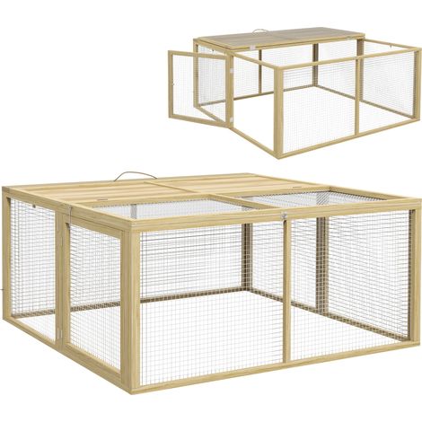 Clapier lapin pliable en bois avec enclos et toit ouvrant 120x120x57 cm naturel, modèle fonctionnel (1/5)
