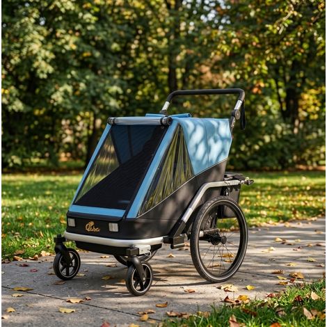 Remolque de bicicleta para niños 2 en 1, plegable, 2 plazas, aluminio, azul HAVRYA (1/5)
