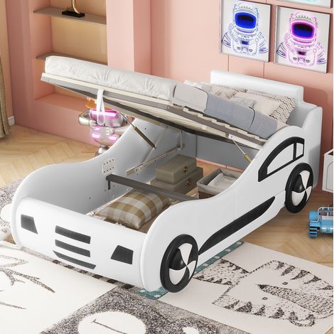 Letto per bambini a forma di auto 90x200 cm, in MDF e PU bianco, con testiera finestrino, rete a doghe e vano contenitore (1/5)