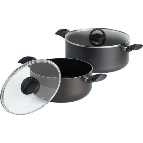 Lot de 2 Casseroles en Aluminium ultra anti-adhésif anti-rayures sans PFOA + 2 couvercles en verre - tous feux dont induction - Compatible four, lave-vaiselle et frigo - Noir, Ø 24/28cm (1/5)