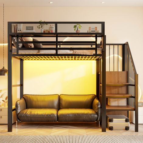 Hochbett 90x200 mit LED, Sicherheitsleiter und Stauraum, schwarz OKMYHOME (1/5)