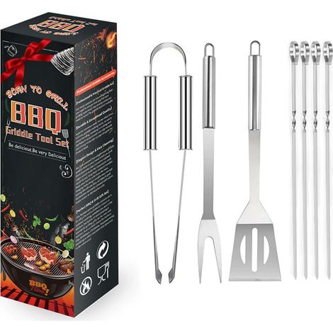7-teiliges Grillbesteck-Set aus Edelstahl – Zange, Pfannenwender, Gabel und 4 Spieße, Grillzubehör für Garten, Camping und Grillen im Freien (1/5)
