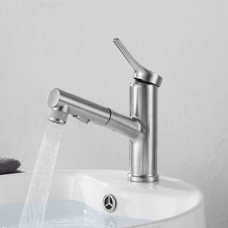 Robinet De Lavabo Extractible En Acier Inoxydable Blanc Eau Chaude Et Froide Pour Salle De Bains (1/4)