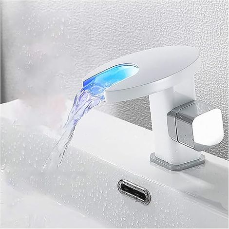 LED Bathroom Sink Faucet Brass Basin Faucet Deck Mounted Basin Faucet with Hot and Cold Water,White (1/5)
