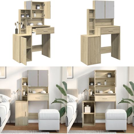 Coiffeuse avec armoire chêne sonoma 80x35x132 cm - Rangement chambre - Miroir maquillage (1/5)