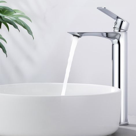 Mitigeur Lavabo Vasque à Poser Chromé Bec Haut Robinet Salle de Bain en Laiton Eau Chaude et Froide (1/5)