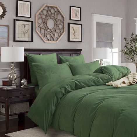 Parure de lit d'hiver - En peluche chaude - 200 x 200 cm - Vert foncé - Housse de couette double face - Cachemire en flanelle polaire - Toucher moelleux et chaud - En velours - Avec fermeture (1/5)