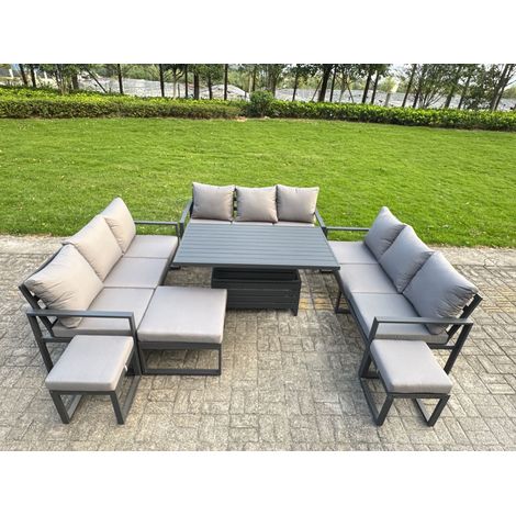Fimous Aluminum Outdoor Patio Furniture Set Modern Patio Conversation Sets with Adjustable Rising Lifting Dining Table 3 Footstools Dark Grey (1/5)