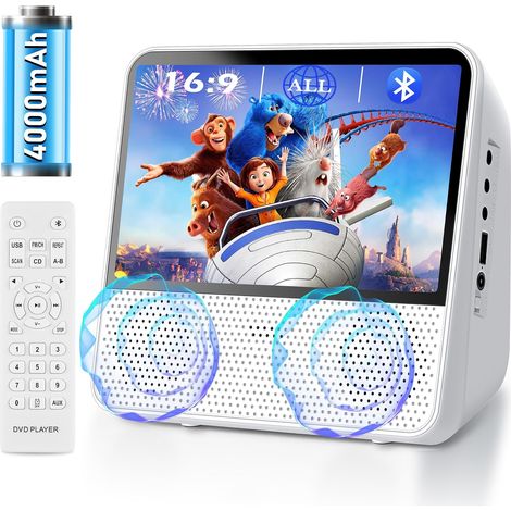 Lecteur DVD Portable Bluetooth, 4000mAh Rechargeable Lecteur DVD Region Free pour Voiture avec Haut-parleurs Intégrés Double, Compatible CD/Bluetooth/USB/RCA/Prise Casque, Lecteur CD Enfant (1/5)