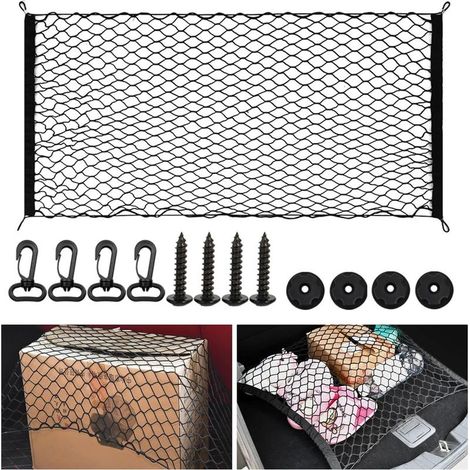 Filet de Rangement Coffre de Voiture, Filet de Rangement pour Bagages avec 4 Crochets Bagages Fixe en Extensible pour Plupart des Voitures, Taille Originale 110x60cm (1/5)
