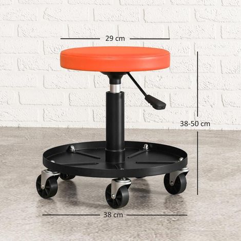 Tabouret d'atelier 5 roulettes 360°, hauteur réglable 38-50 cm, plateau rangement, orange (1/5)
