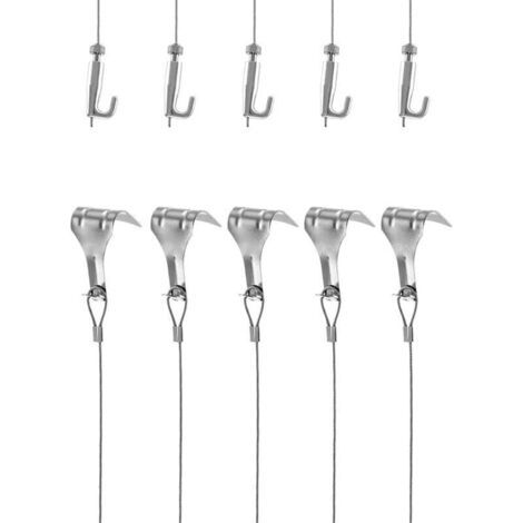 Kit Accrochage de Cadre Photo et Miroir, Fil Suspension en Acier Inoxydable Φ1.5mm x 2m avec Crochet Réglable et Crochets de Rail, Charge 40KG, 5 Pcs