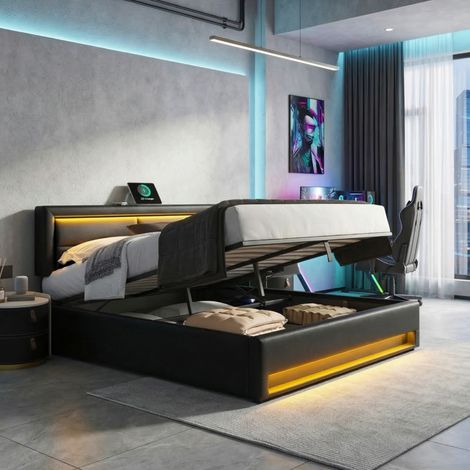 Upholstered bed 150 x 200 cm, King Size Bed-5ft,with USB port (supports wireless and wired charging), with LED lighting and storage space, without mattress, PU lychee pattern, black