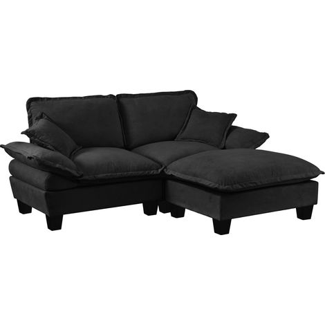 Sofá Rinconero Modular, con Otomana Movible y 2 Cojines, Respaldo Relleno, Chenilla, Negro (1/5)