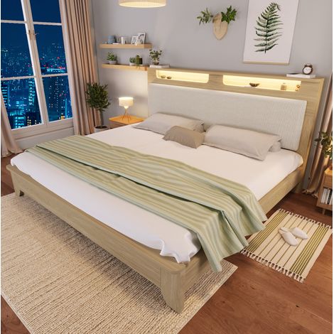 Bett Doppelbett Stauraum 160x200 Holz LED Beige OKMYHOME (1/5)