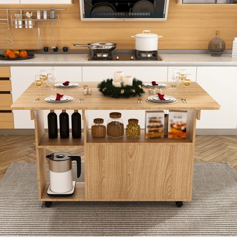 Tavolo pieghevole mobile 110x70 cm 3-in-1 con contenitore e 5 ruote, per cucina, MDF effetto - rovere chiaro (1/5)