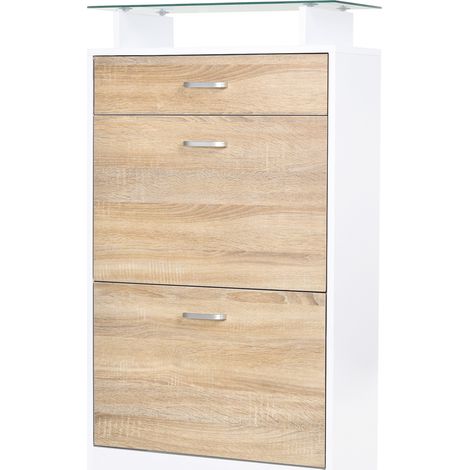Armoire à Chaussures Meuble rangement Chaussures 2 Portes abattantes 2 Compartiments, tiroir, Plateau en Verre - Bois chêne Blanc