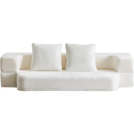 Schlafsofa 2-Sitzer, Geschwungenes Design ohne Montage mit Kissen, aus Schaumstoff, Weiß (1/5)
