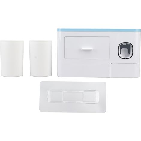 Distributeur de dentifrice mural avec kit presse-tube et deux gobelets, bleu, pour accessoires de salle de bain (1/5)