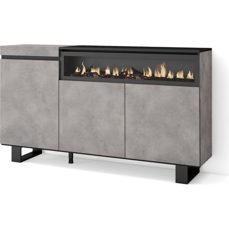 Skraut Home - Aparadores para salón, Gran capacidad de almacenaje, 150x87x35cm, 3 Puertas, Chimenea eléctrica, Diseño industrial, Estilo Moderno, Gris Cemento (1/5)