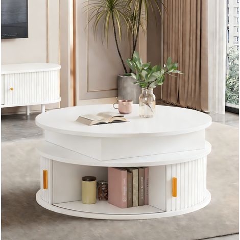 Table Basse Ronde à Hauteur Réglable avec 2 Portes à Volet, LED, Rangement Intégré, pour Salon, MDF, Blanc (1/5)