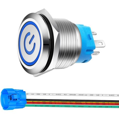 22mm Acier Inoxydable Verrouillage Bouton Poussoir Interrupteur, LED de Symbole d'alimentation 12V-24V 5A Interrupteur à Levier Étanche avec Fiche à Douille (LED Bleu) (1/5)