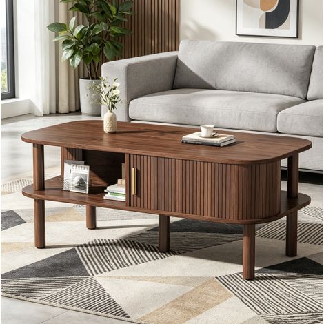 Tavolino da caffè 110x55x45 cm, contenitore a doppio livello, porta scorrevole, bordi arrotondati, MDF, color noce (1/5)