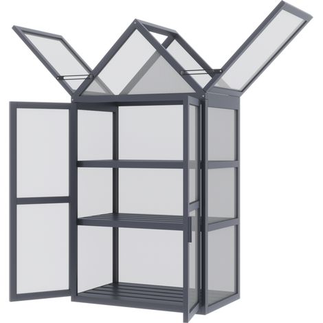 Mini serre ossature froide 3 étages Carrée plantes toit articulé portes doubles polycarbonate bois résistante intempéries 70,5x42x132 cm
