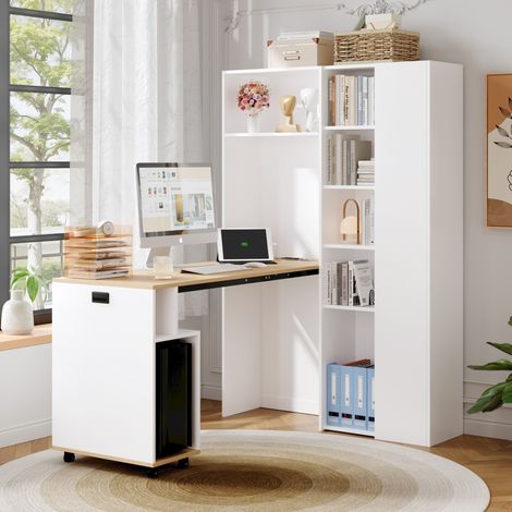 Klappbarer Schreibtisch mit Ablagen –2-in-1-Bücherregal und Schreibtisch, klappbar, mit Steckdose und USB-Anschluss, höhenverstellbare Ablagen, Kippschutz, weiß-Schreibtisch,Eck-Schreibtisch-rechts (1/5)