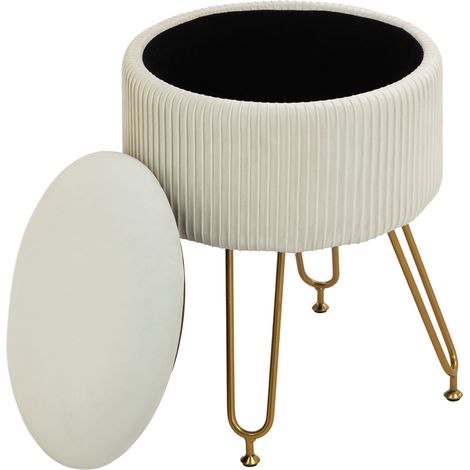 Tabouret de rangement 2-en-1 repose-pieds rond pieds métalliques blanc crème