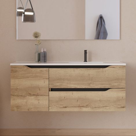 Meuble sous vasque seul, 2 tiroirs et 1 porte, 120cm, pour vasque déportée droite - madera miel (bois clair) - ZARZA