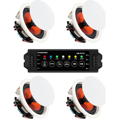 Enceintes de Plafond Bluetooth 4 Pouces avec Amplificateur 4 Canaux, Puissance Maximale 480W, Lot de 4 Enceintes, Son Clair Idéal pour Salon, Bureau, Cuisine, Sous-sol et Terrasse Couverte