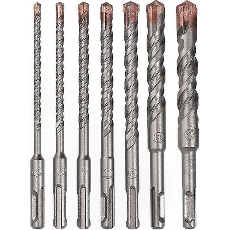 Set de forets SDS Plus en métal dur, perceuse à percussion pour béton, diamètres 5-6-8-10-12-16-18 mm, embouts robustes pour marteau perforateur, kit polyvalent de perçage. (1/5)