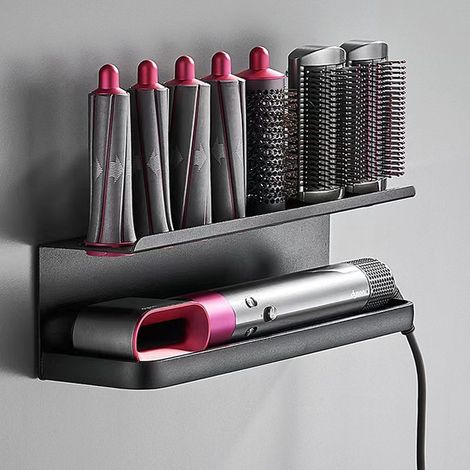 Support mural adapté aux fers à friser Dyson Airwrap - Support de rangement en aluminium à deux niveaux en noir mat, pour salle de bain et salon de coiffure