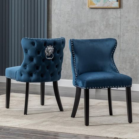 Samt Esszimmerstühle 2er Set, gepolsterte Küchenstühle mit Holzbeinen, blau (1/5)