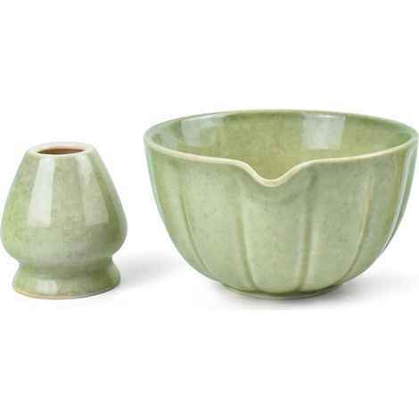Bol Matcha - Céramique - Bec Verseur Intégré - Support Fouet Bambou - Pour Préparation Thé Japonais - Lot De 2 Pièces (1/5)
