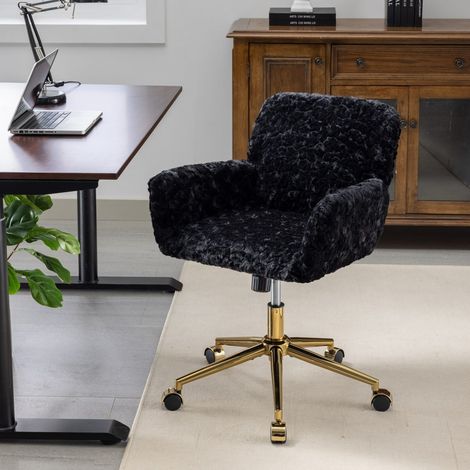 Silla de oficina giratoria 360° ajustable con reposabrazos y respaldo alto, piel sintética, base de metal dorado - negra (1/5)