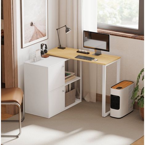 Scrivania angolare girevole 360°, 150 x 40 x 75 cm, con 2 armadi e 2 ripiani aperti, bianco HAVRYA (1/5)