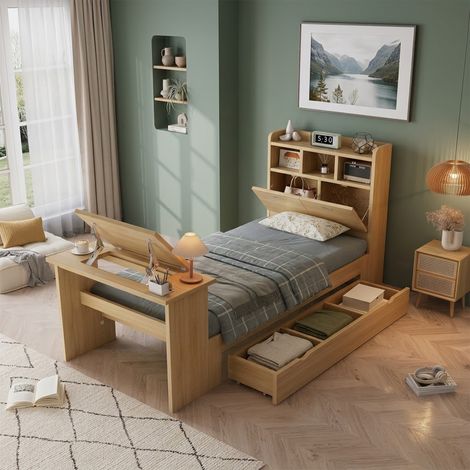Lit enfant 90x200cm, sommier à lattes intégré, lit junior avec tiroirs de rangement, étagère en tête de lit, table rabattable réglable, montage flexible des tiroirs, teinte bois naturel, bois massif (1/5)