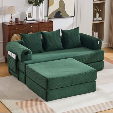 Divano modulare in velluto a coste con pouf, struttura in metallo, 3 cuscini, verde smeraldo DESVIAE (1/5)