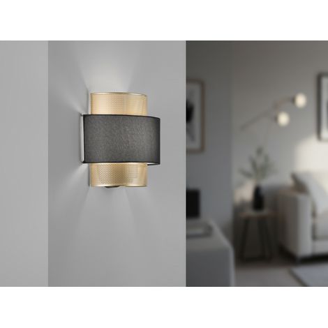 LED Wandlampe Metall Gold mit Stoffblende Schwarz, Breite 25cm